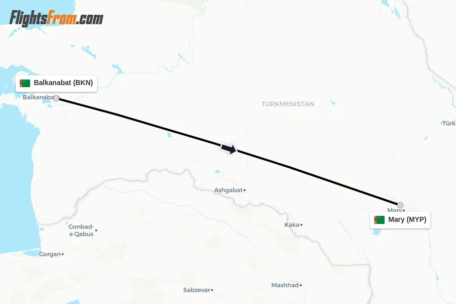 Flights from Balkanabat to Mary route map