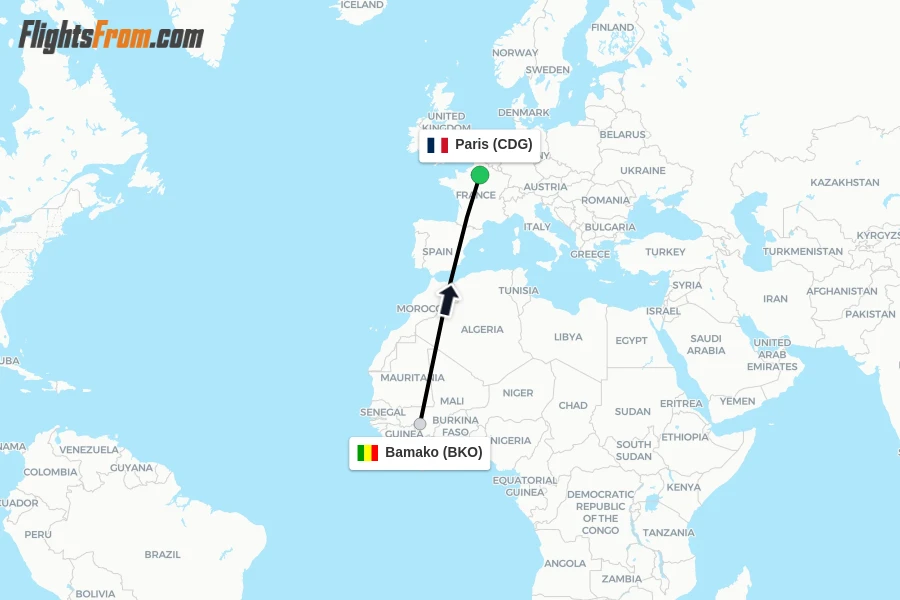 Flights from Bamako to Paris route map