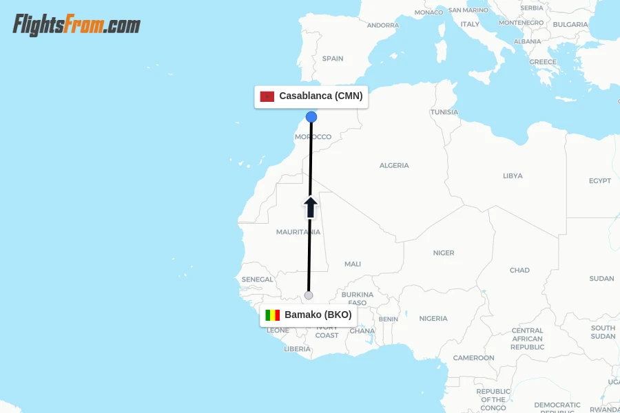 Flights from Bamako to Casablanca route map