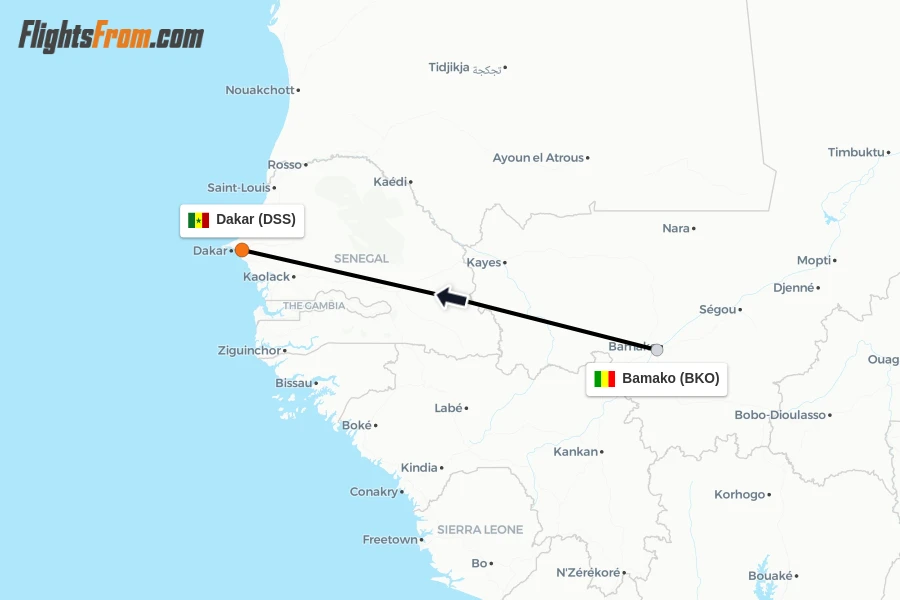 Flights from Bamako to Dakar route map