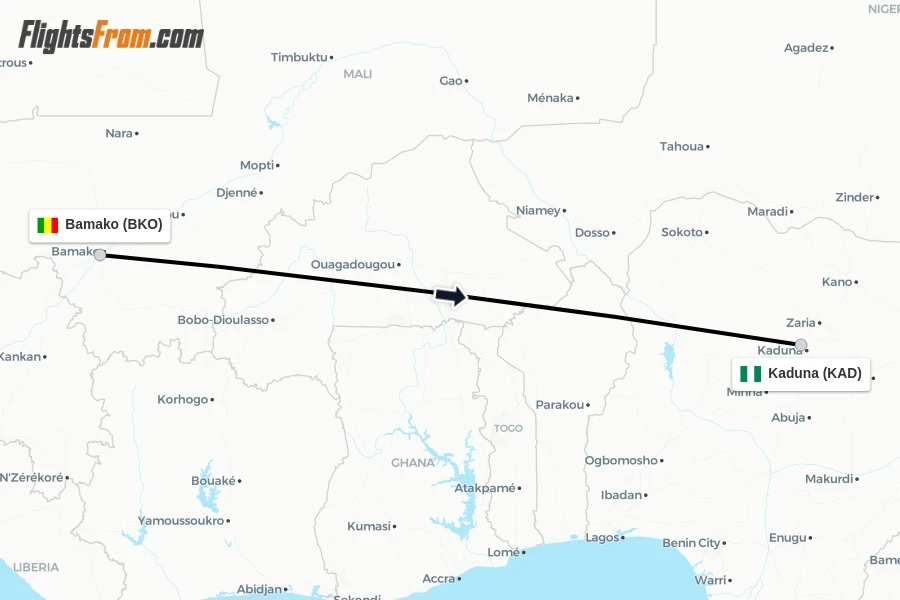 Flights from Bamako to Kaduna route map