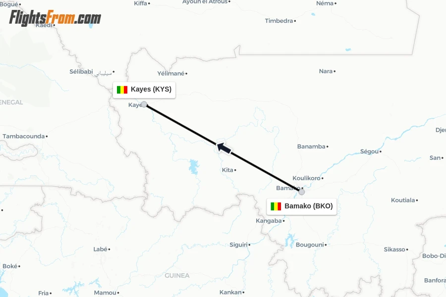 Flights from Bamako to Kayes route map