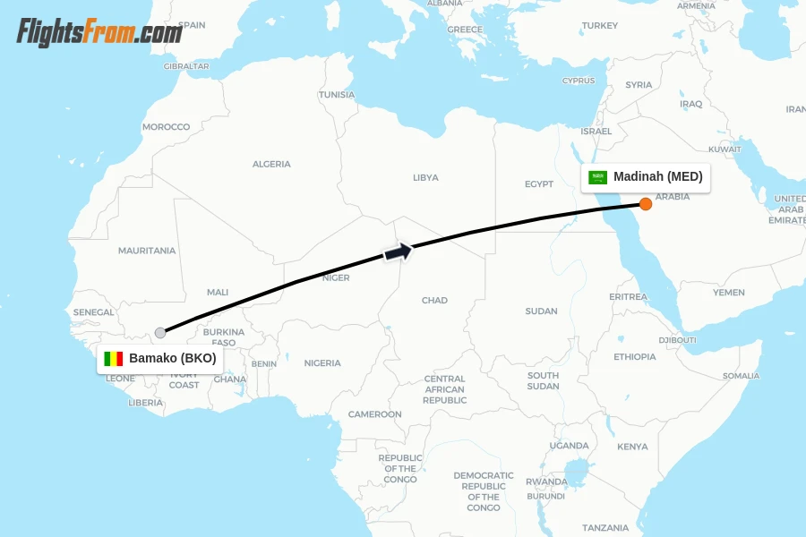 Flights from Bamako to Madinah route map