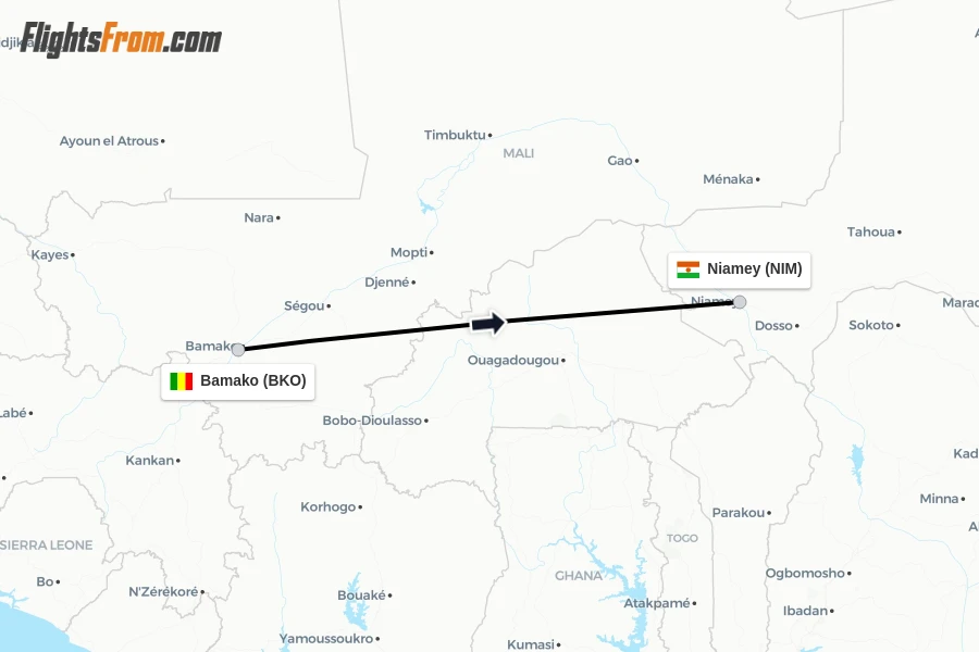 Flights from Bamako to Niamey route map