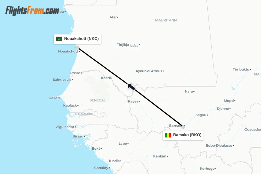 Flights from Bamako to Nouakchott route map