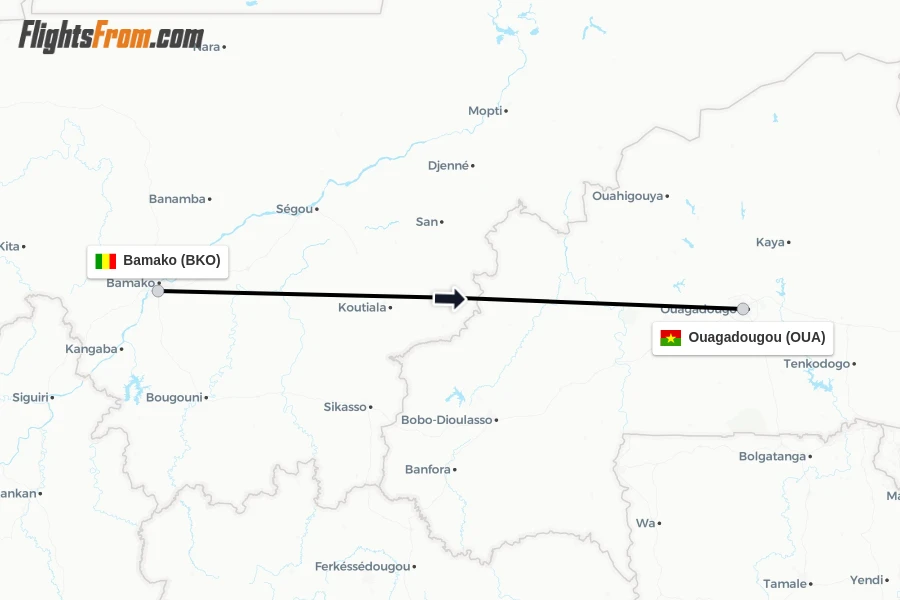 Flights from Bamako to Ouagadougou route map