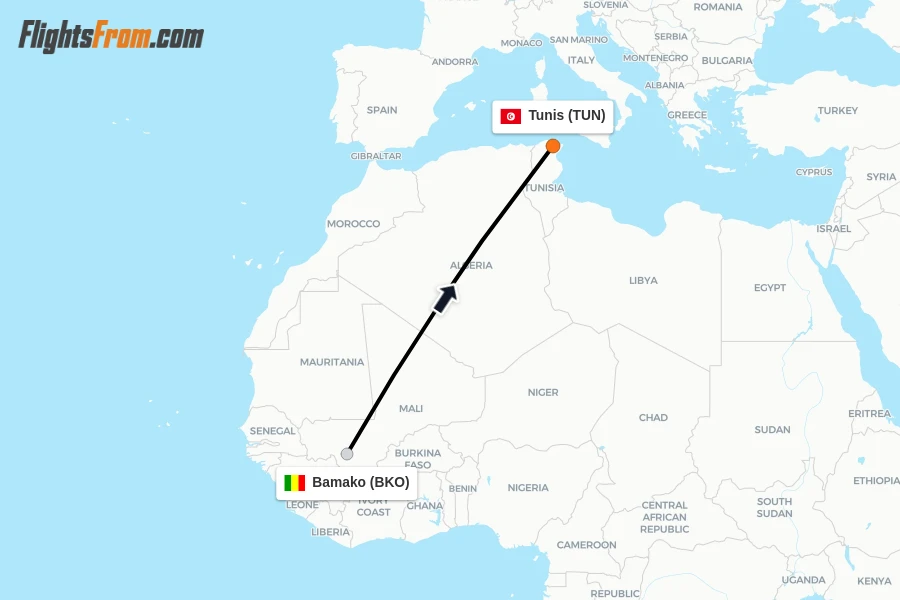 Flights from Bamako to Tunis route map
