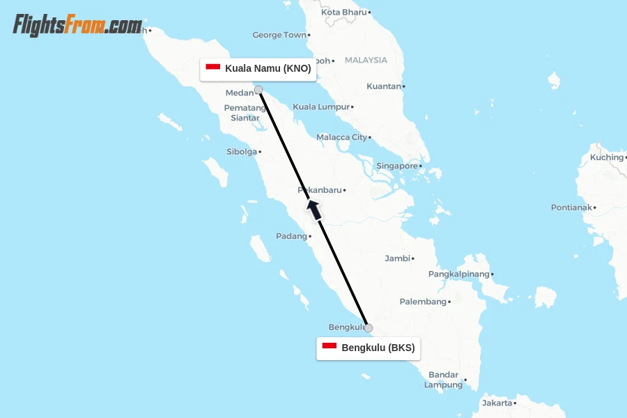 Flights from Bengkulu to Kuala Namu route map