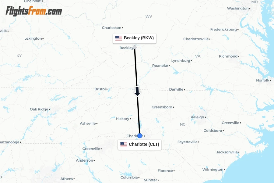 Flights from Beckley to Charlotte route map