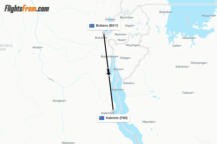 Flights from Bukavu to Kalemie route map