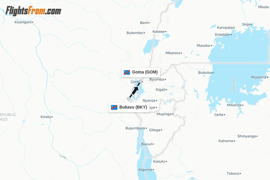 Flights from Bukavu to Goma route map