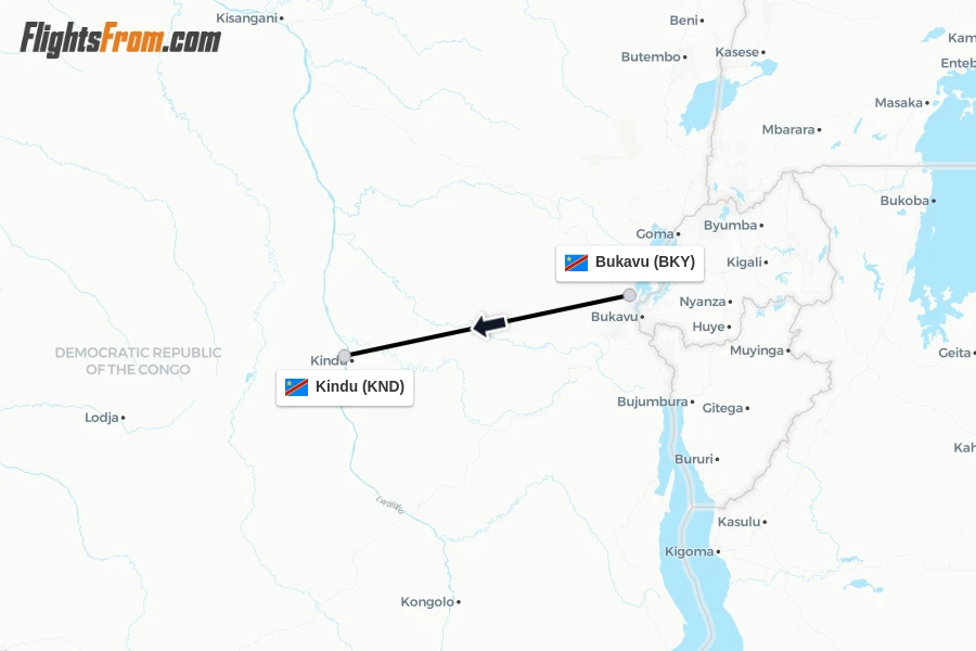 Flights from Bukavu to Kindu route map