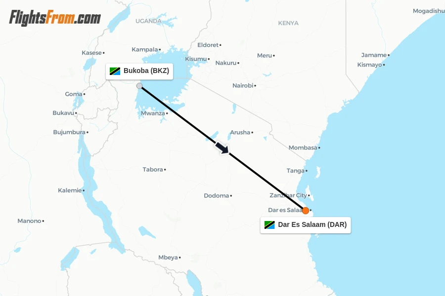 Flights from Bukoba to Dar Es Salaam route map