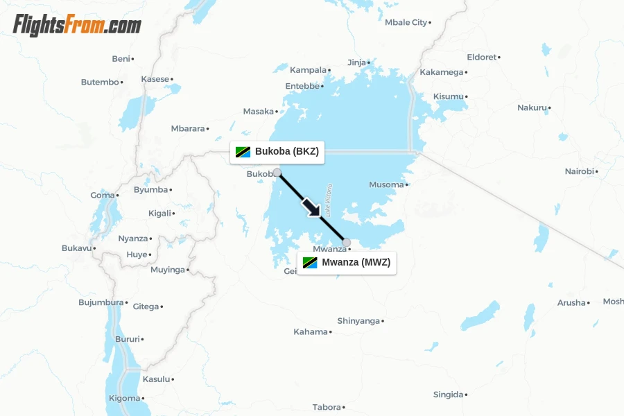 Flights from Bukoba to Mwanza route map