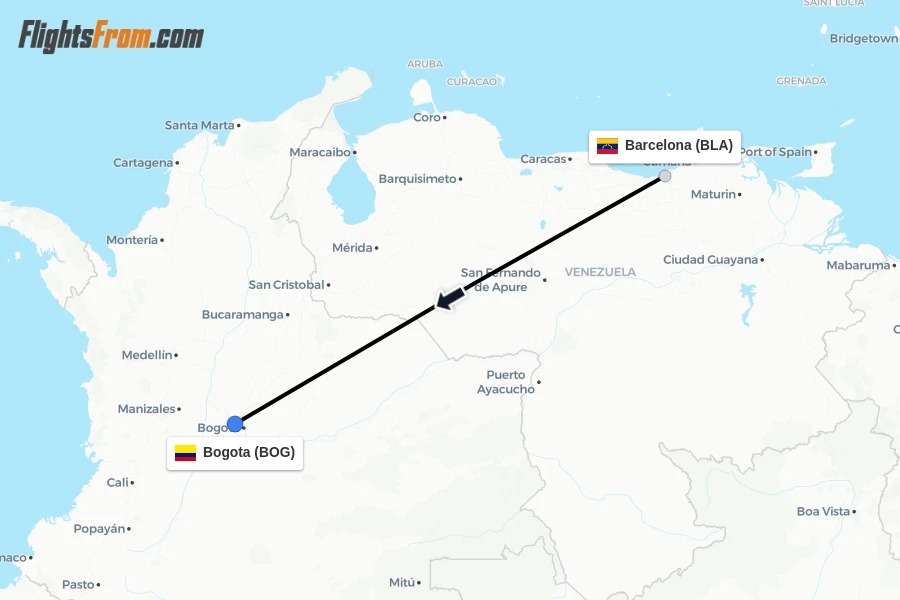 Flights from Barcelona to Bogota route map