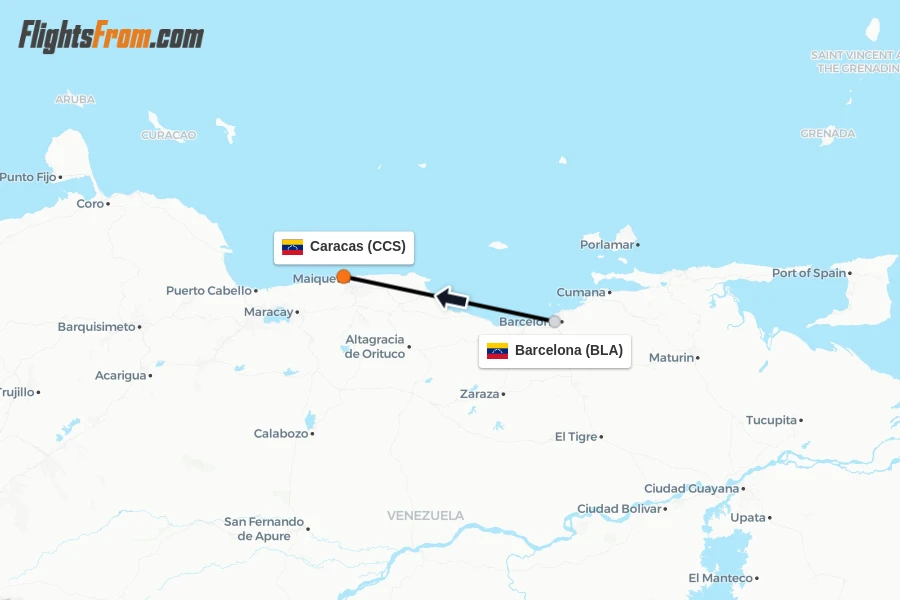 Flights from Barcelona to Caracas route map