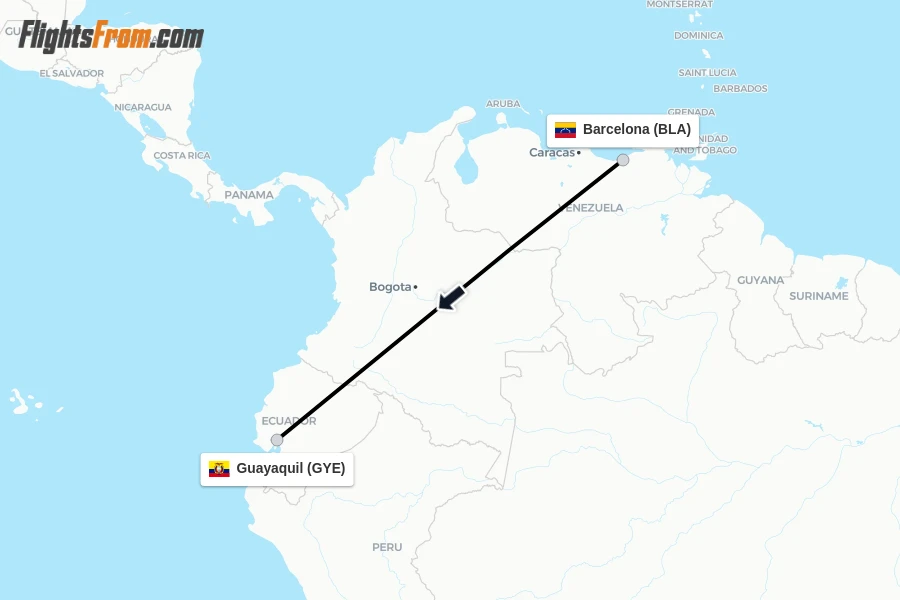 Flights from Barcelona to Guayaquil route map