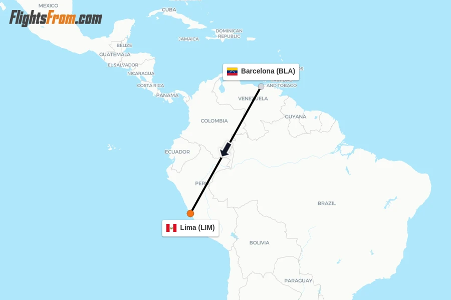 Flights from Barcelona to Lima route map