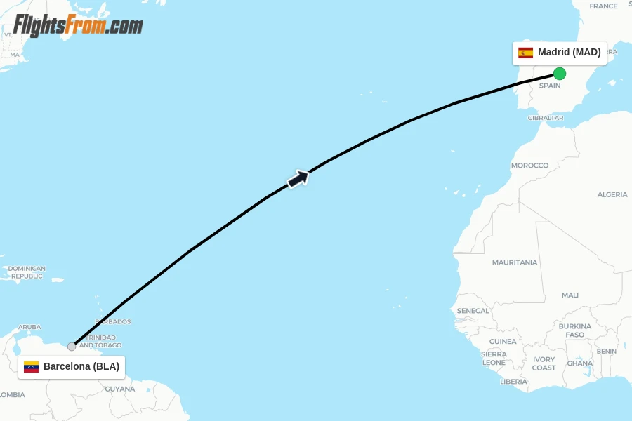 Flights from Barcelona to Madrid route map