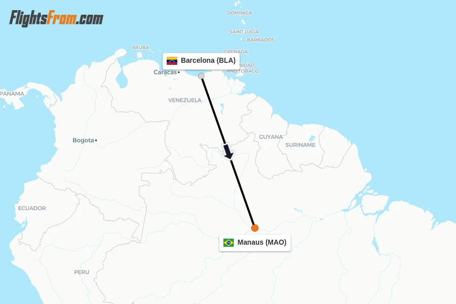 Flights from Barcelona to Manaus route map