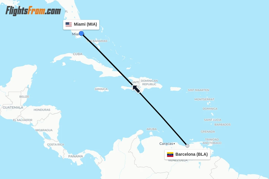 Flights from Barcelona to Miami route map