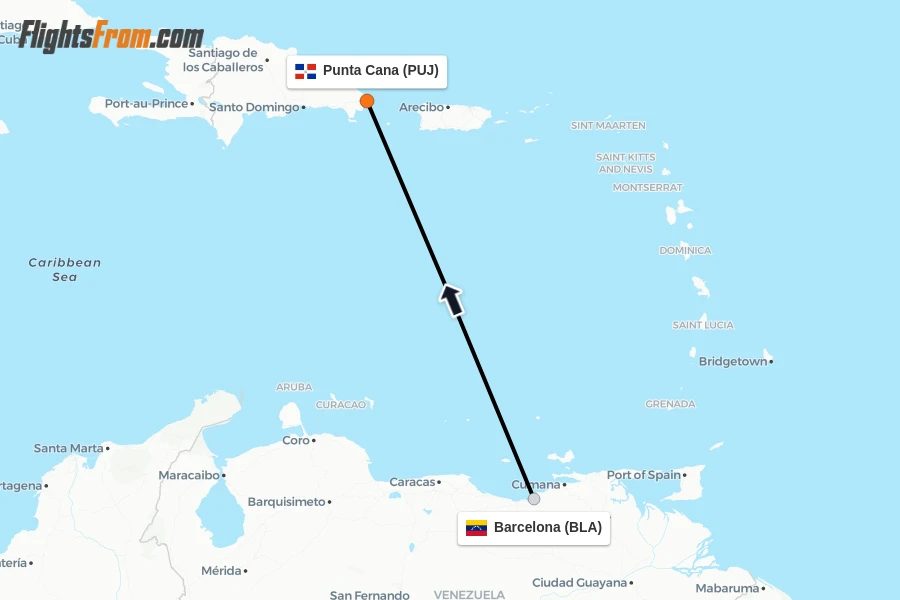 Flights from Barcelona to Punta Cana route map