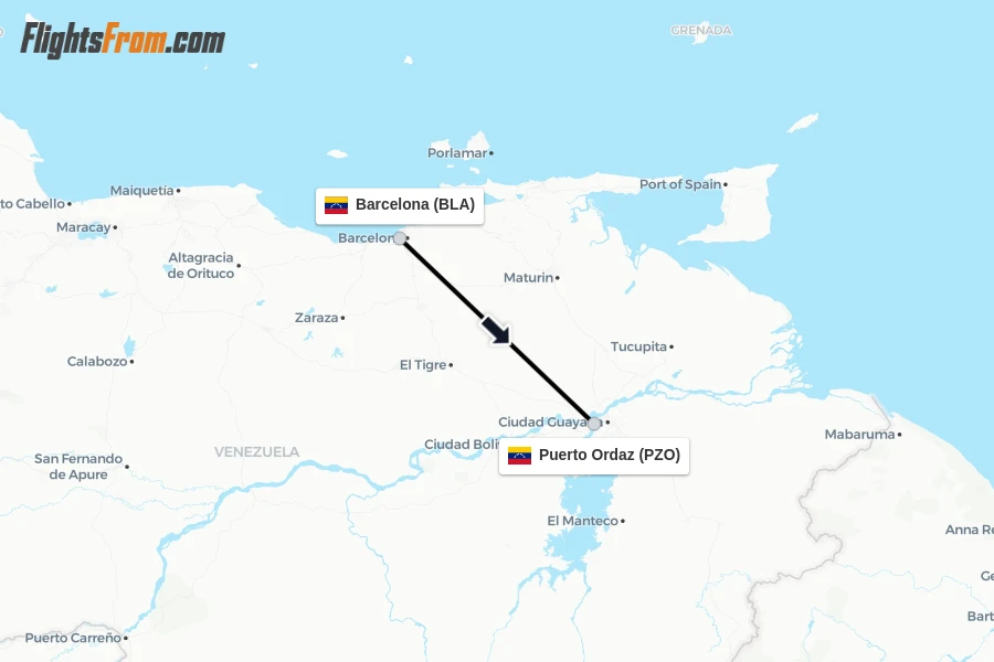 Flights from Barcelona to Puerto Ordaz route map