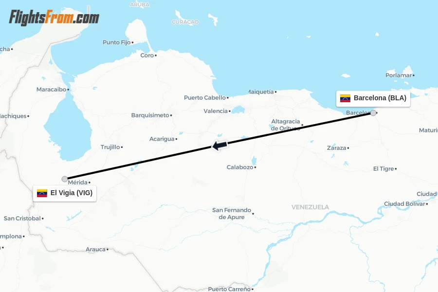 Flights from Barcelona to El Vigia route map
