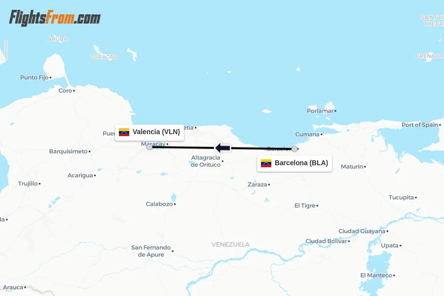 Flights from Barcelona to Valencia route map