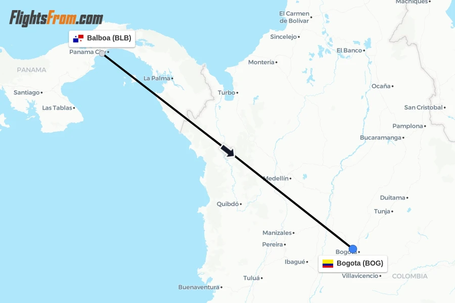 Flights from Balboa to Bogota route map