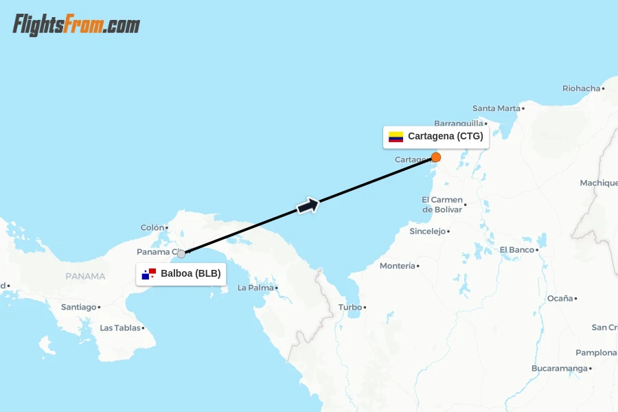 Flights from Balboa to Cartagena route map