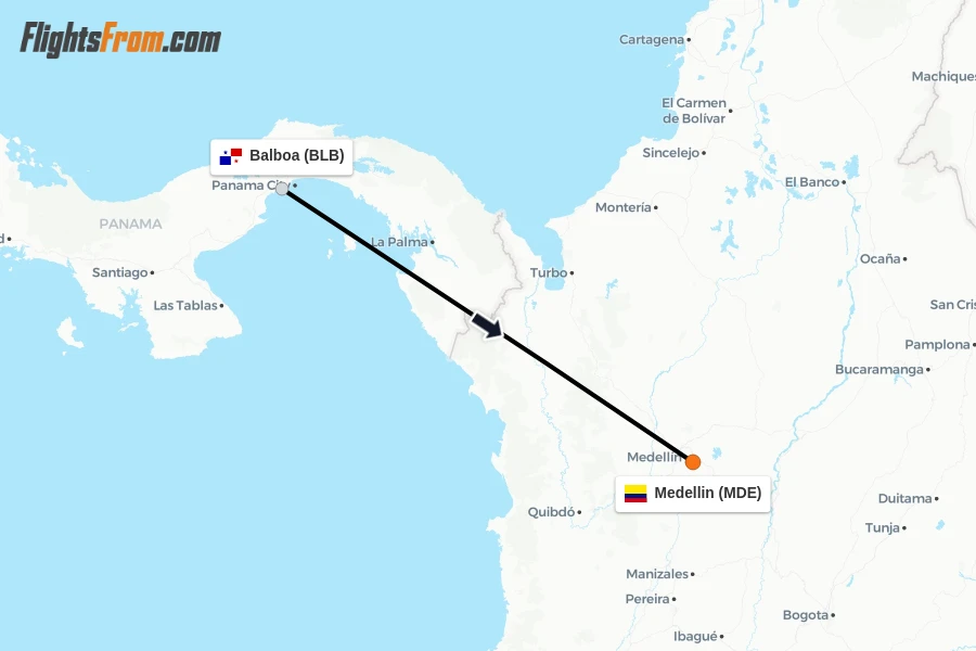 Flights from Balboa to Medellin route map
