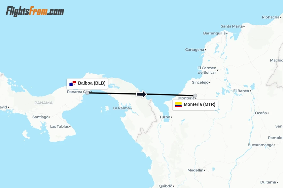 Flights from Balboa to Monteria route map
