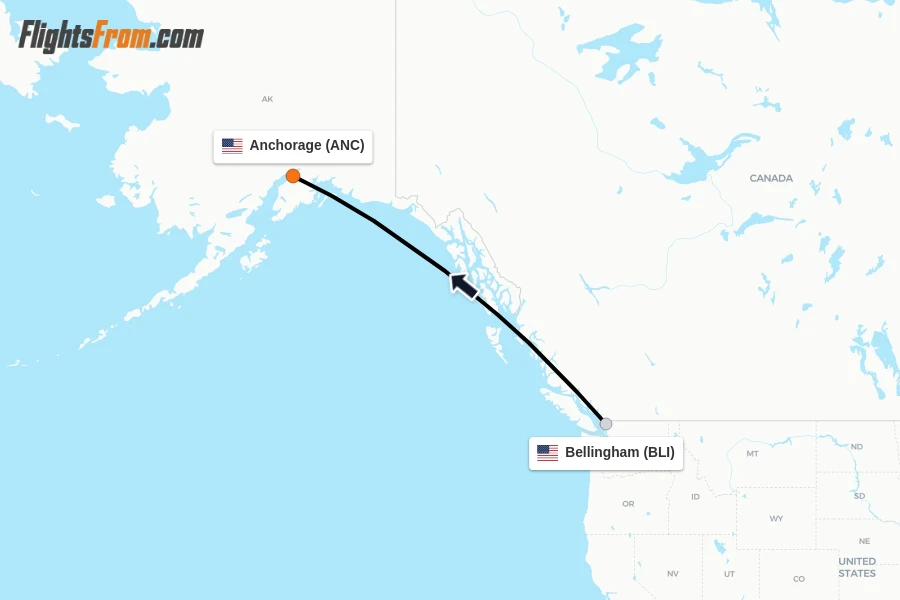 Flights from Bellingham to Anchorage route map