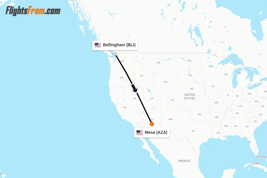 Flights from Bellingham to Mesa route map