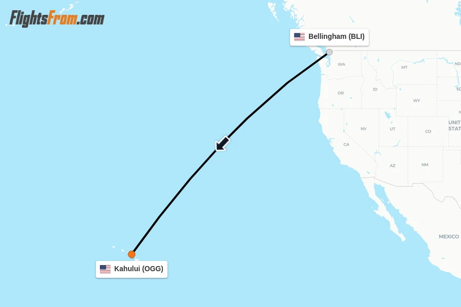 Flights from Bellingham to Kahului route map