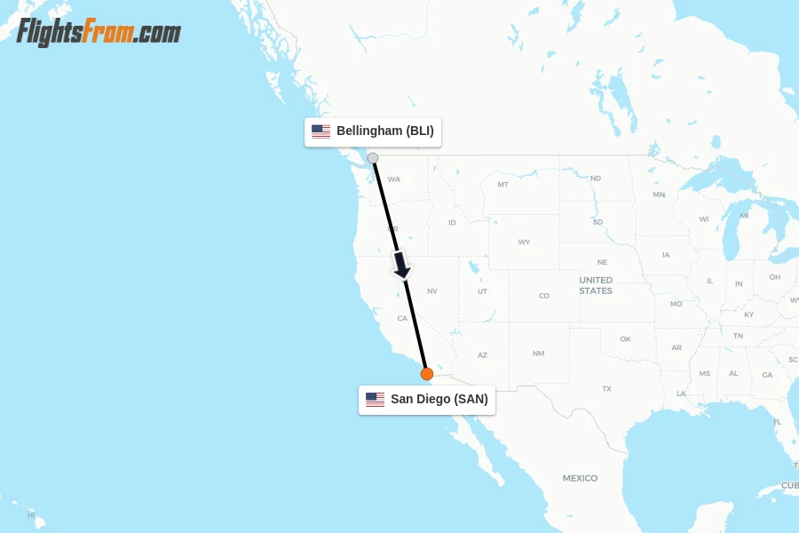 Flights from Bellingham to San Diego route map