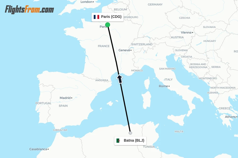 Flights from Batna to Paris route map