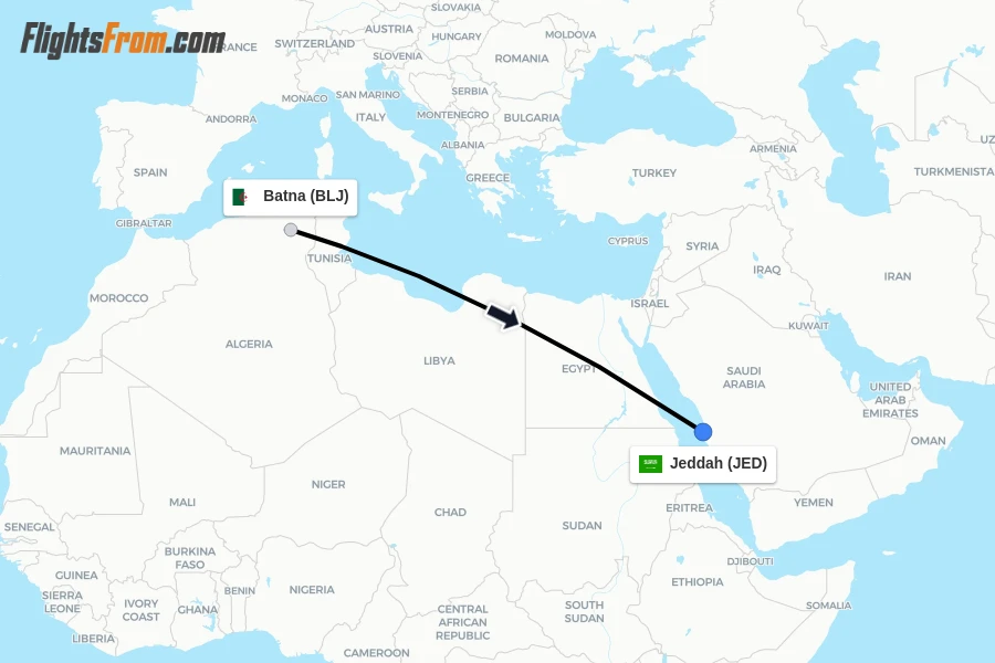 Flights from Batna to Jeddah route map