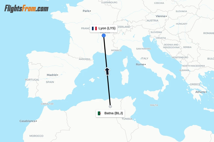 Flights from Batna to Lyon route map