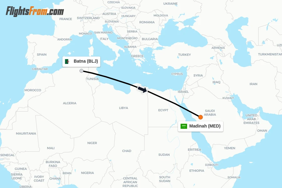 Flights from Batna to Madinah route map