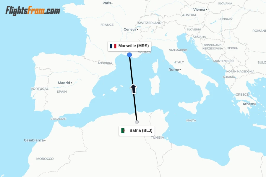 Flights from Batna to Marseille route map
