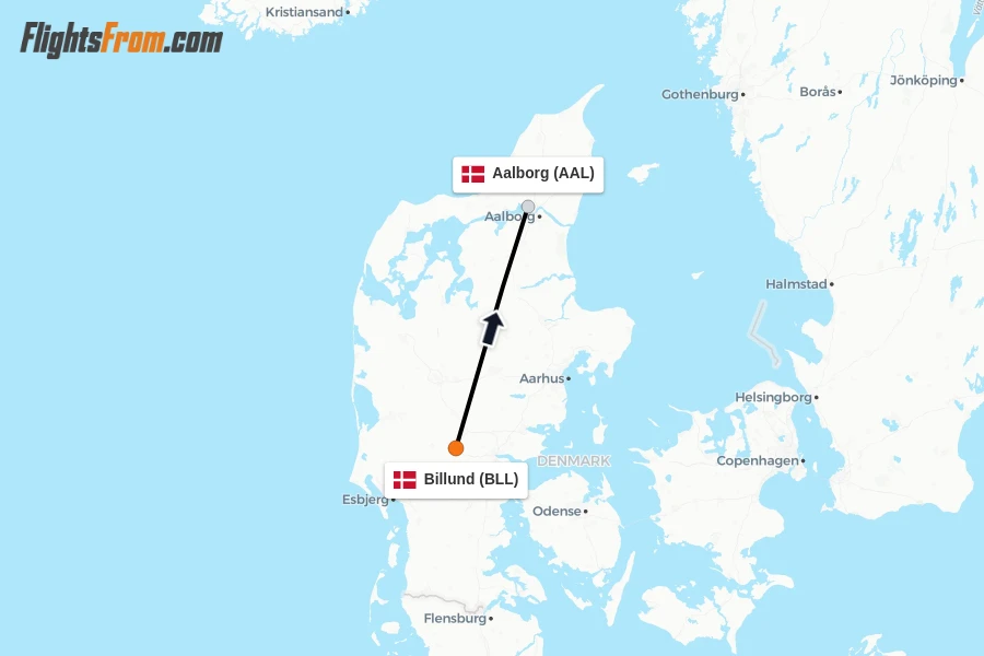 Flights from Billund to Aalborg route map