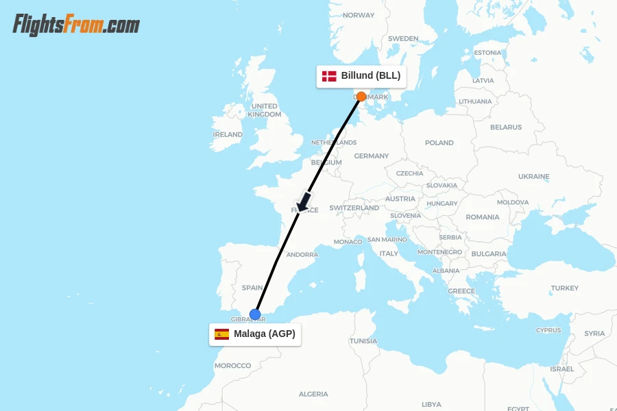 Flights from Billund to Malaga route map