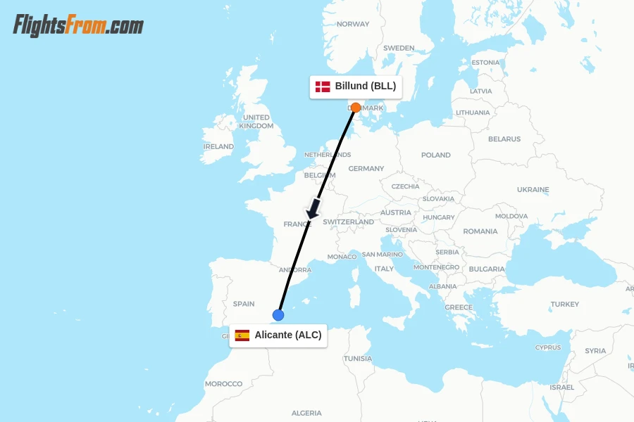 Flights from Billund to Alicante route map