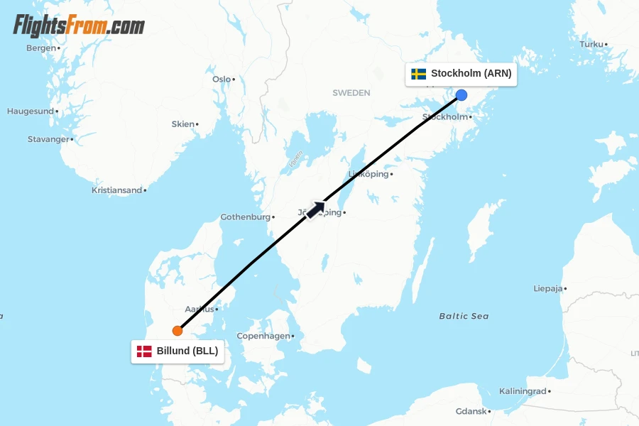 Flights from Billund to Stockholm route map