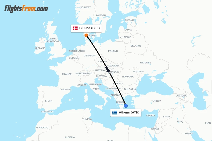 Flights from Billund to Athens route map