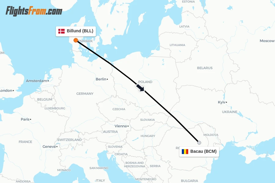 Flights from Billund to Bacau route map