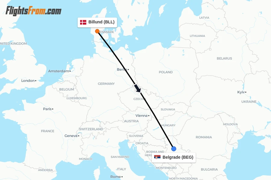 Flights from Billund to Belgrade route map