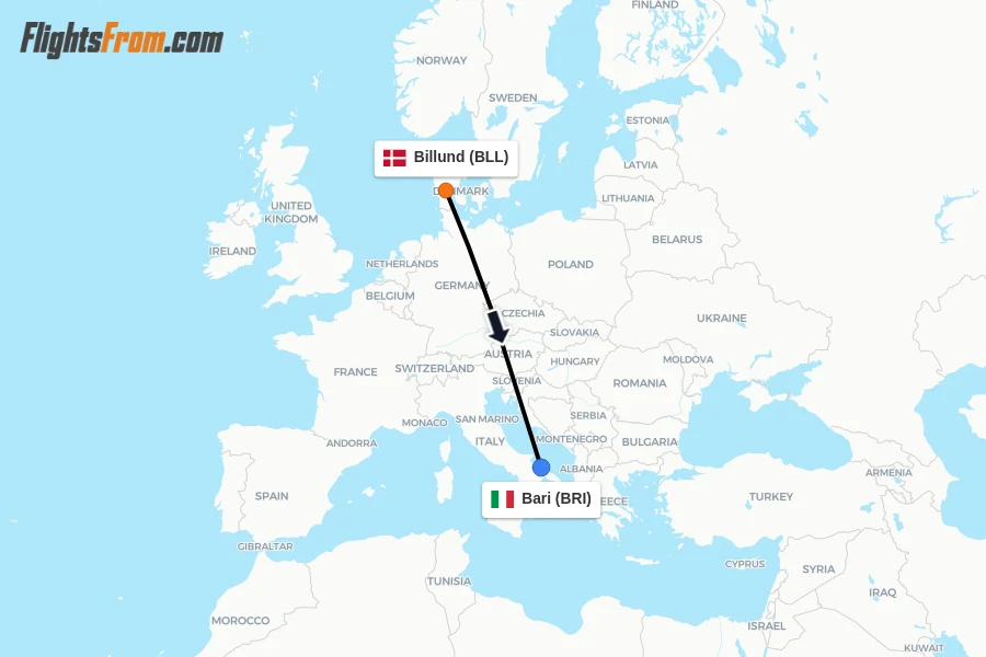 Flights from Billund to Bari route map